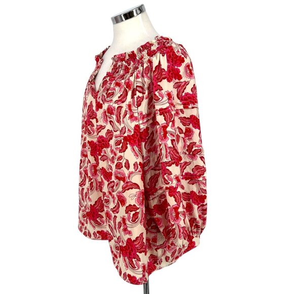 Rose + Olive Floral Smocked Puff Sleeve Blouse Red Pink Ivory Size Large - Picture 6 of 12